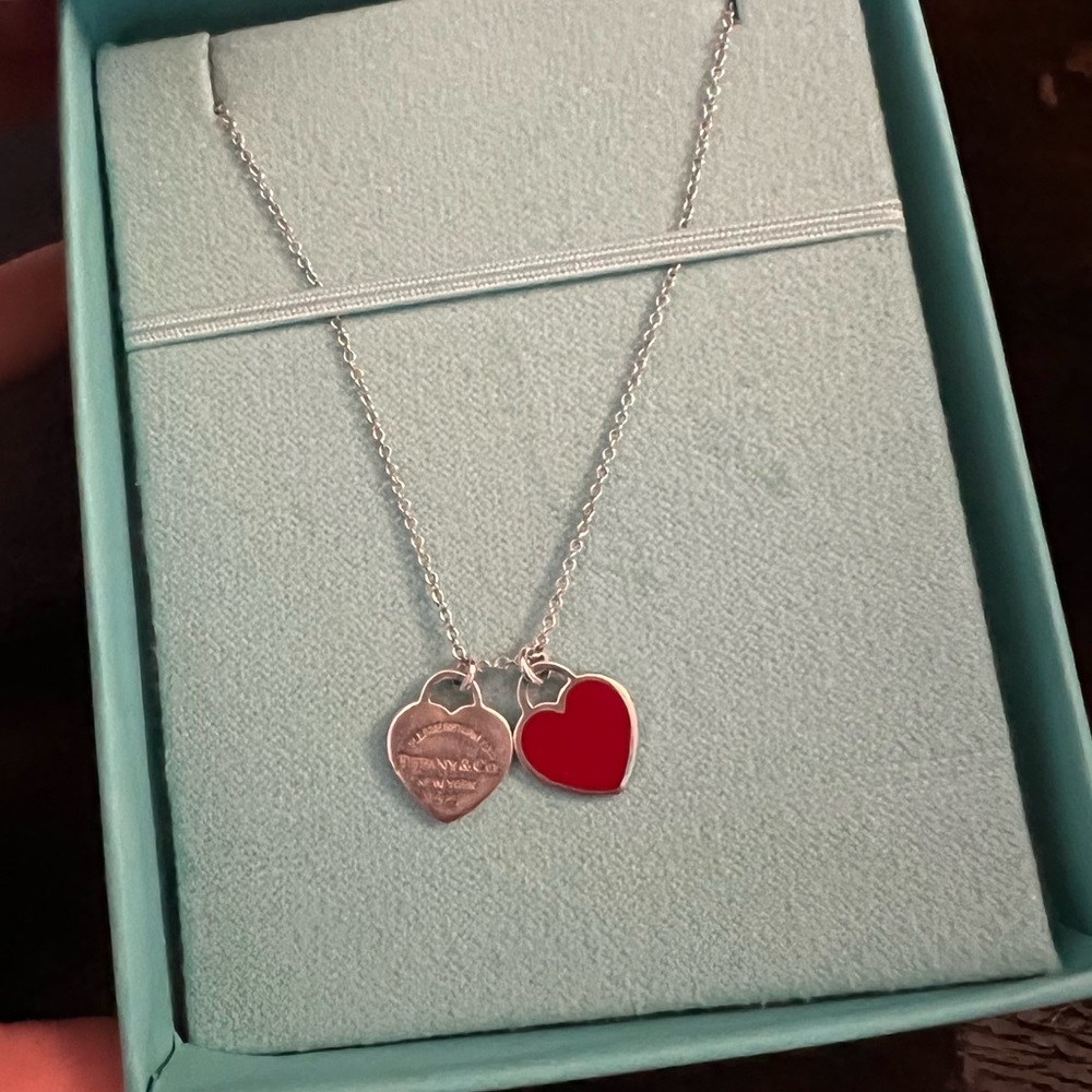 Tiffany Double Heart Tag Pendant - Silver Mini Red